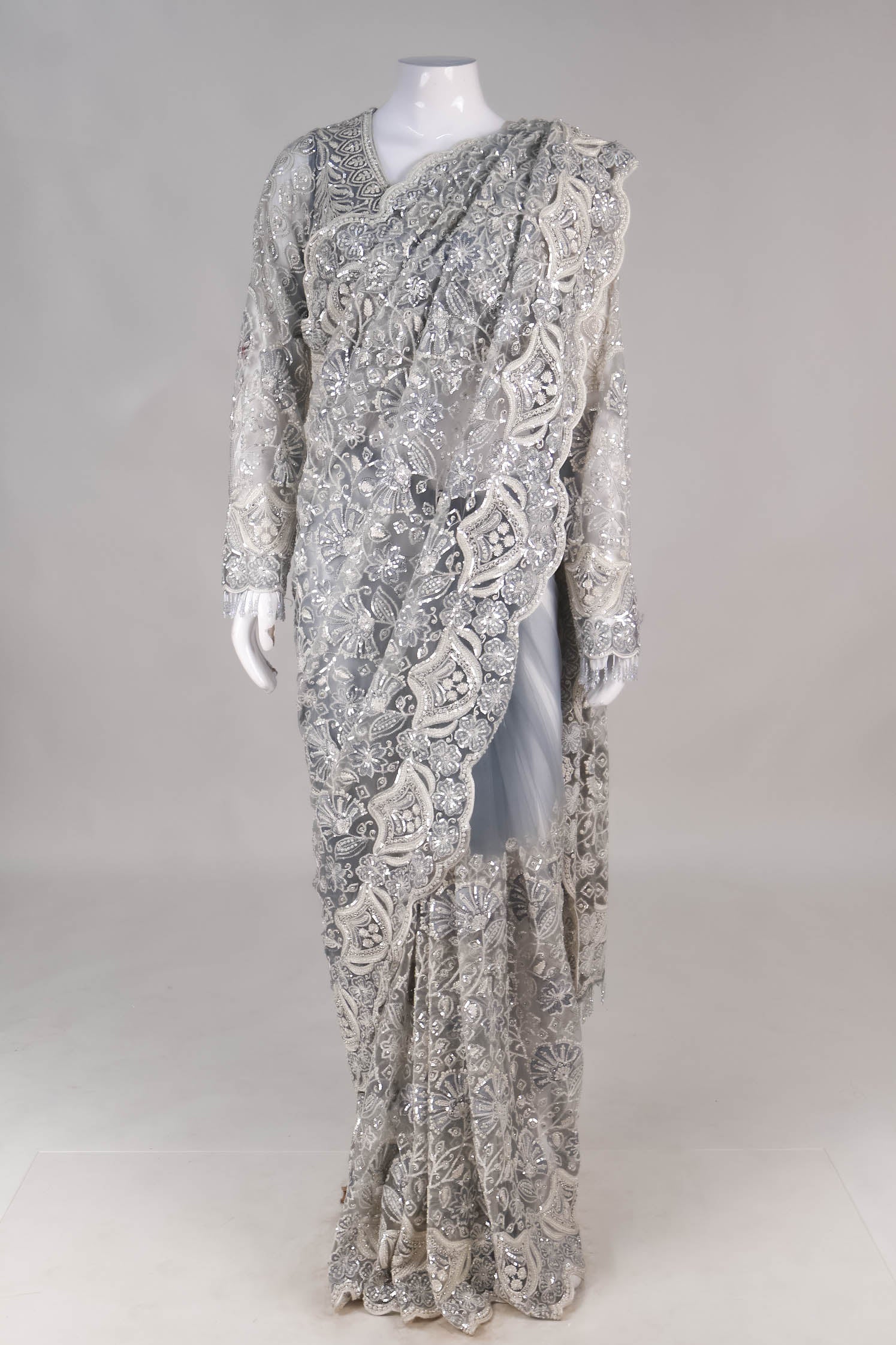Silver-Grey Heavily Embellished Net Saree