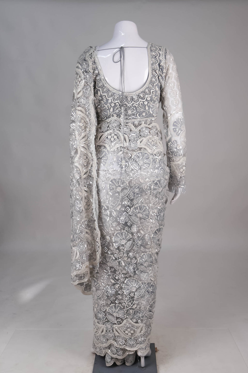 Silver-Grey Heavily Embellished Net Saree