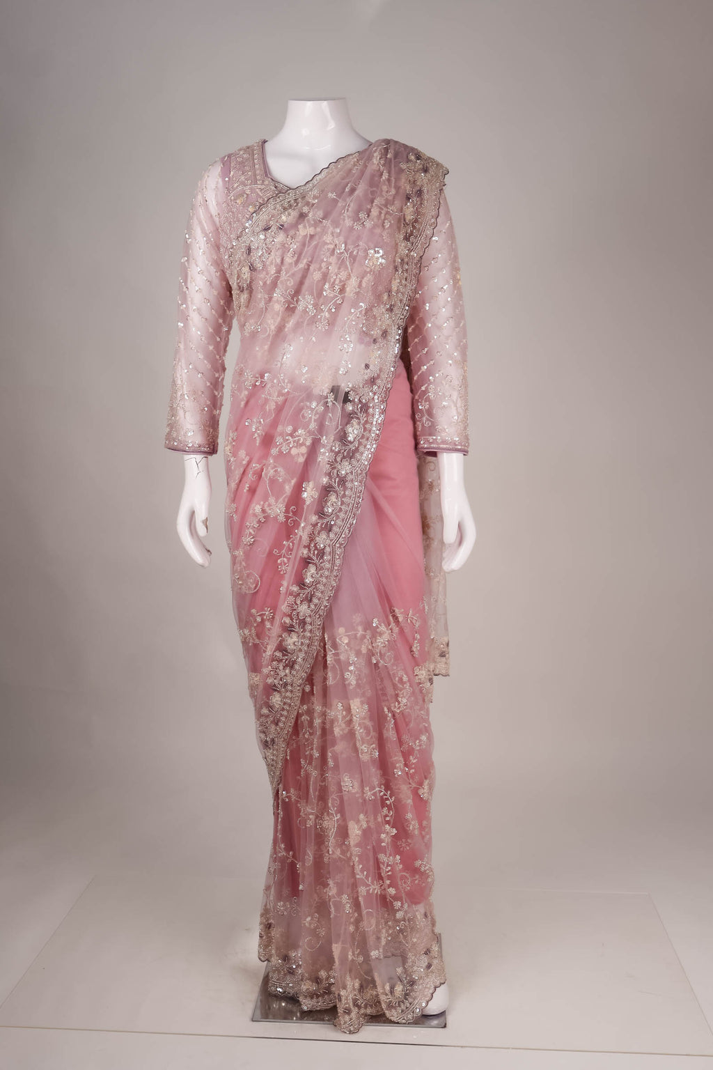 Pink Net Saree with Intricate Lattice & Floral Embroidery