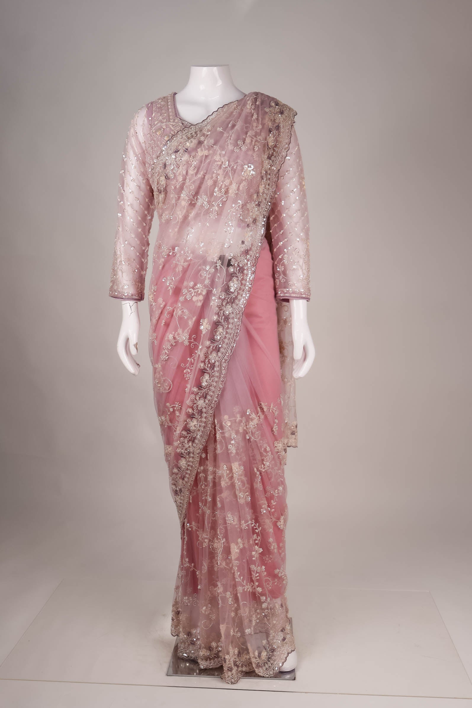Pink Net Saree with Intricate Lattice & Floral Embroidery