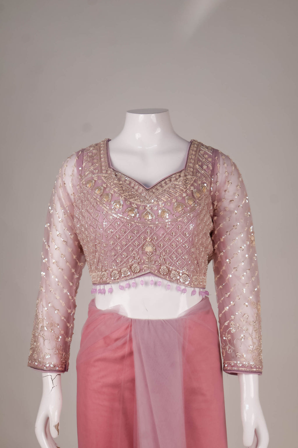Pink Net Saree with Intricate Lattice & Floral Embroidery