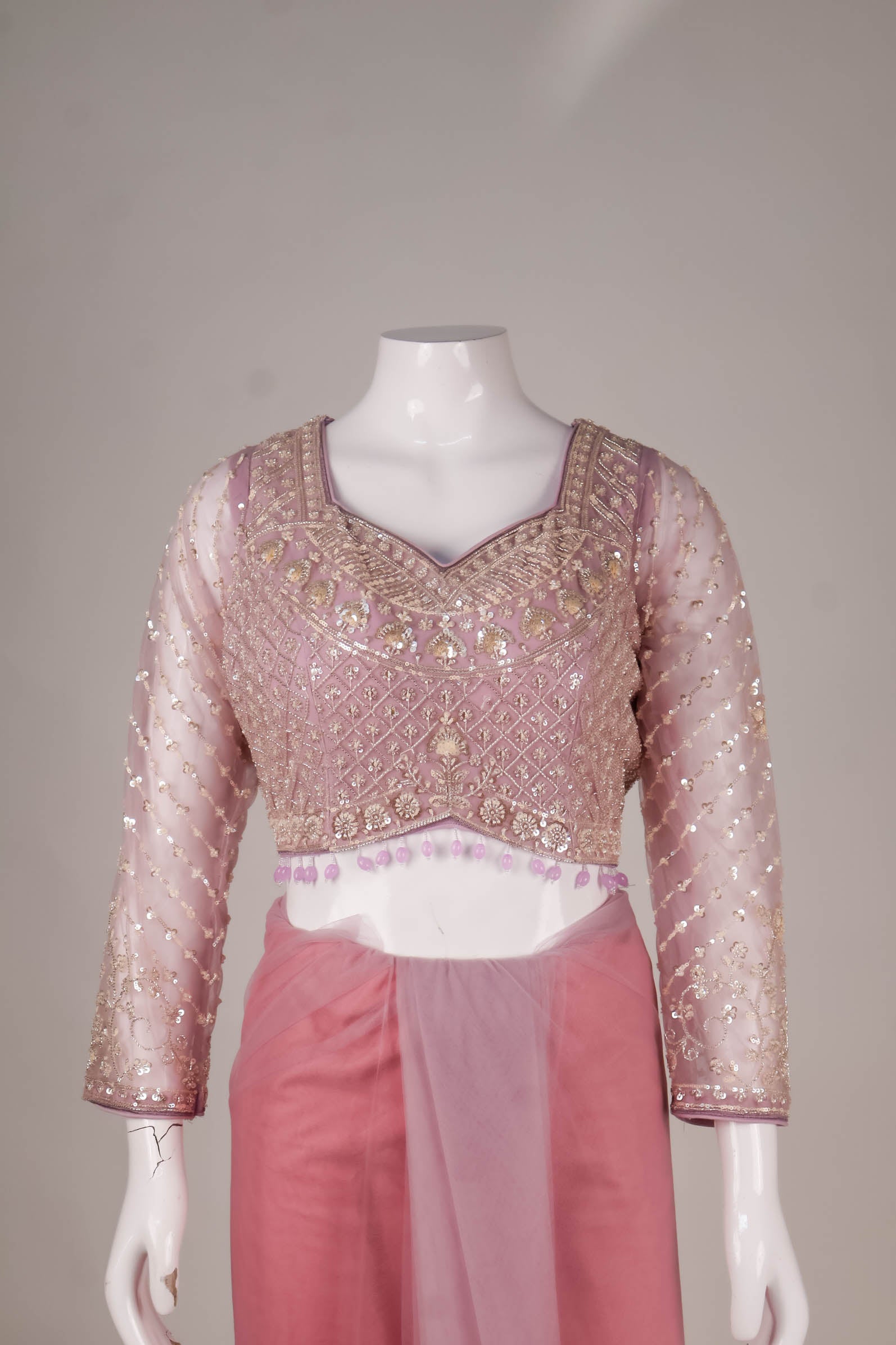Pink Net Saree with Intricate Lattice & Floral Embroidery
