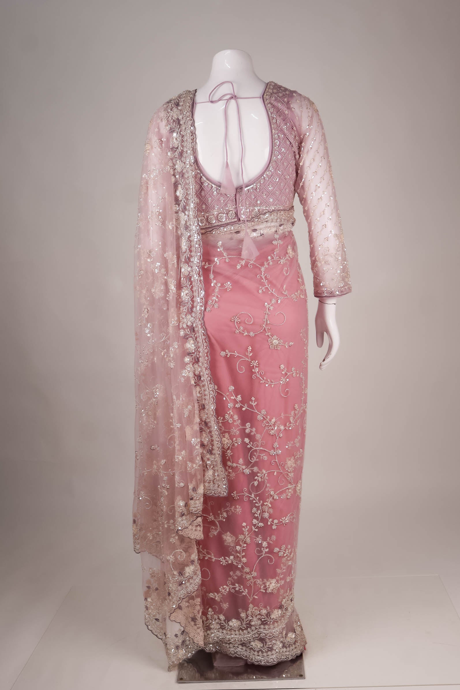 Pink Net Saree with Intricate Lattice & Floral Embroidery