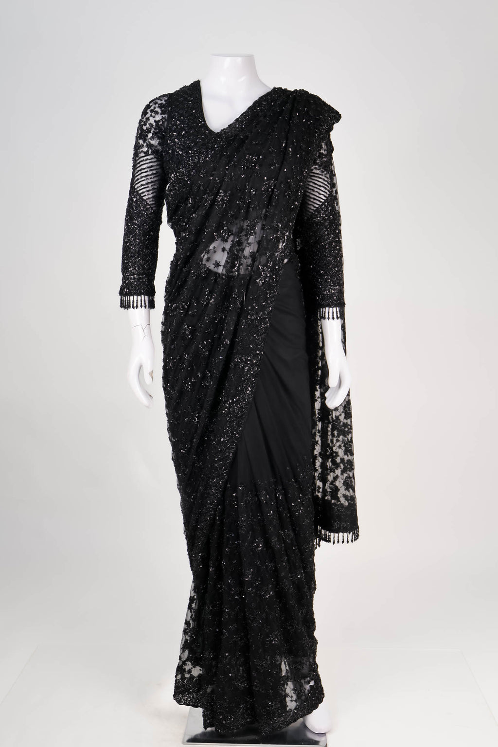 Midnight Black Embellished Net Saree