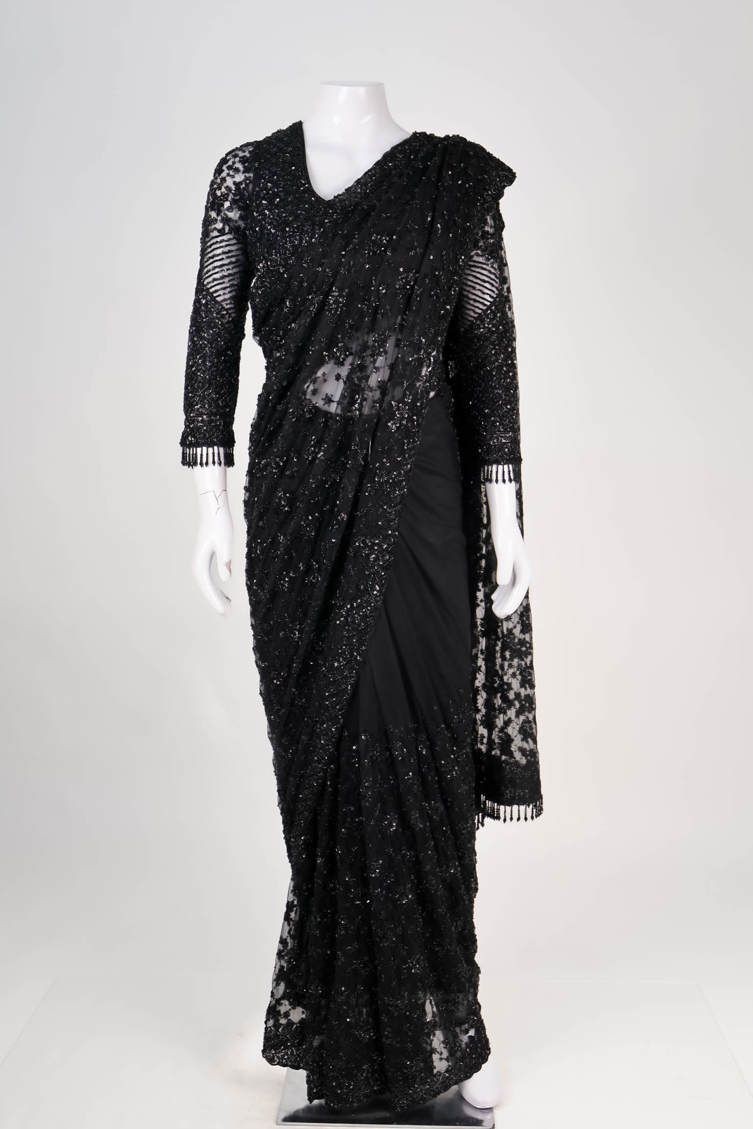 Midnight Black Embellished Net Saree