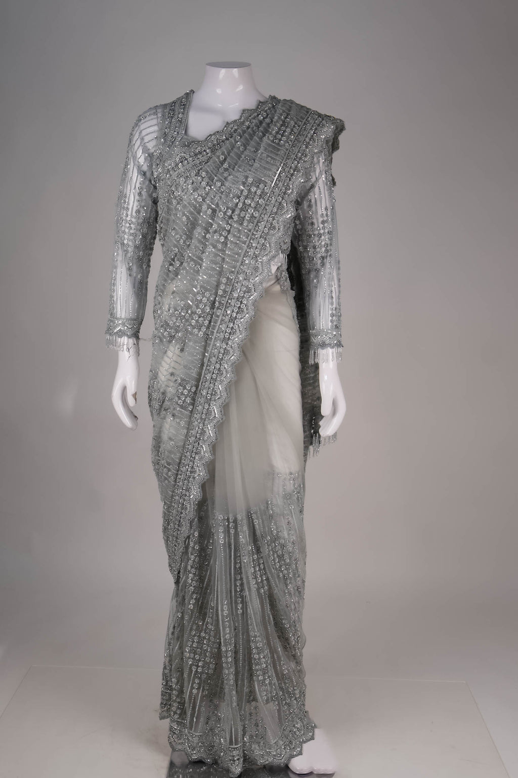 Metallic Silver Net Saree with Intricate Sequin & Crystal Detailing