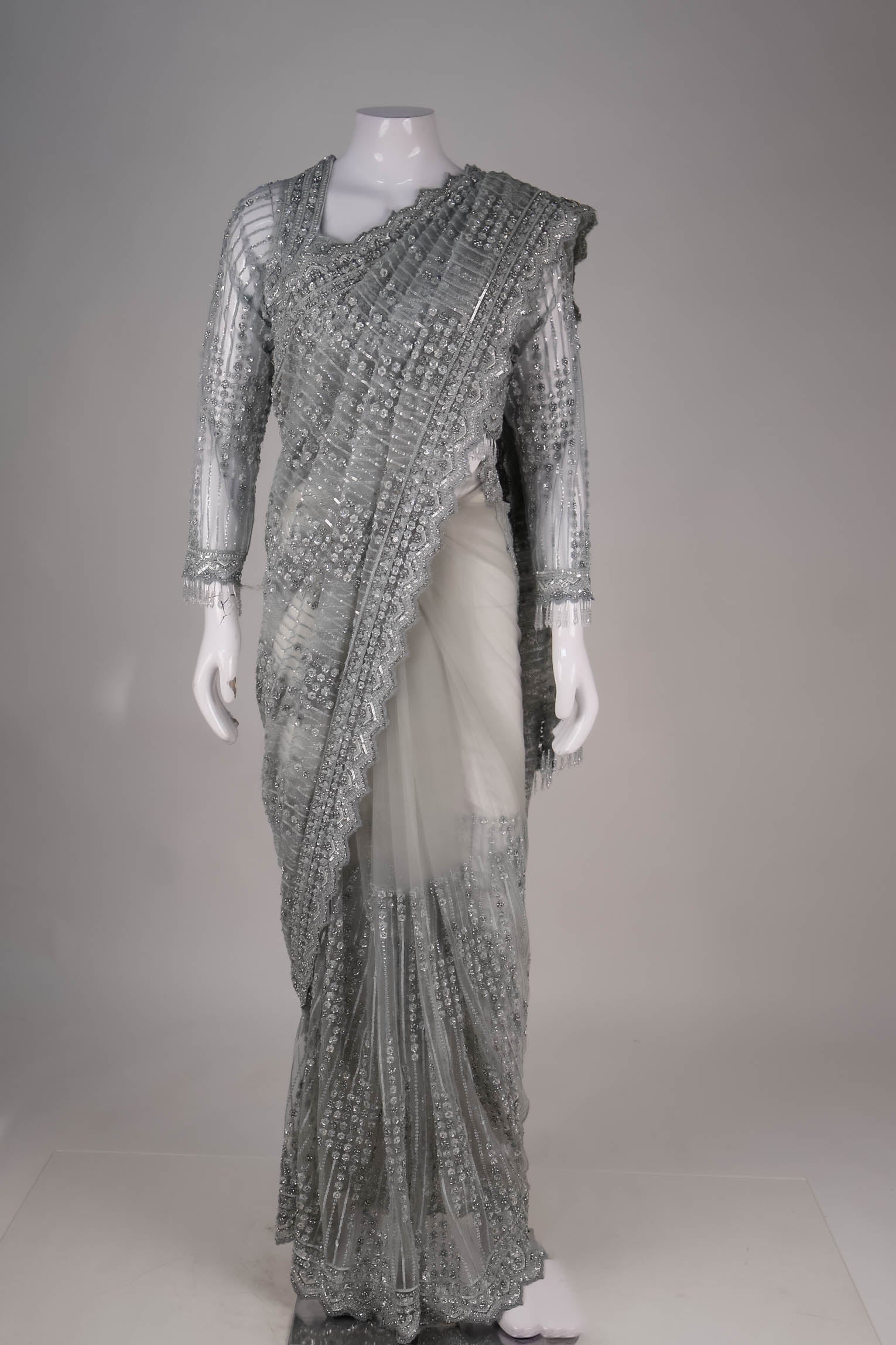 Metallic Silver Net Saree with Intricate Sequin & Crystal Detailing