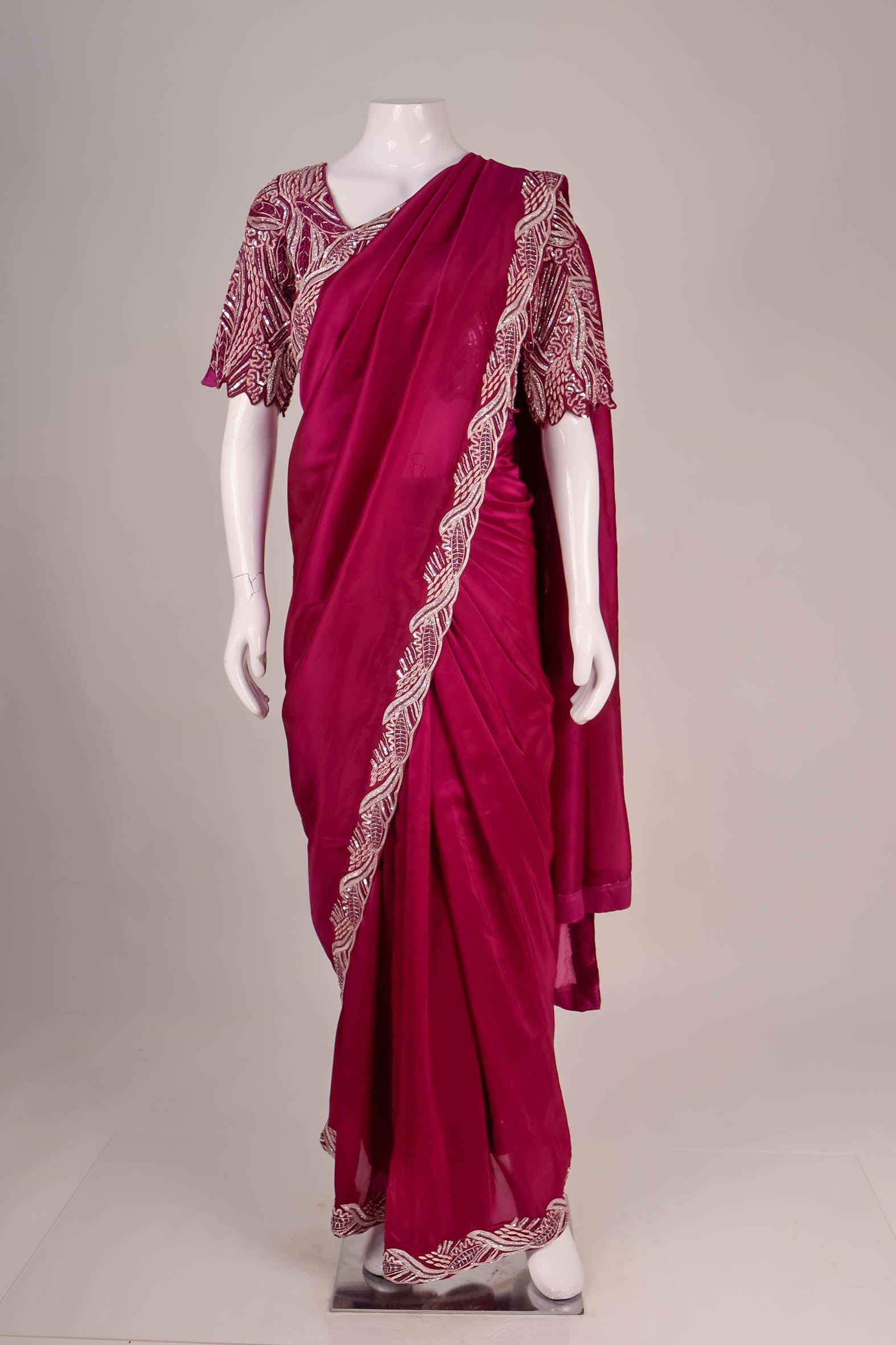 Wine Silk Saree with Abstract Metallic Embroidery