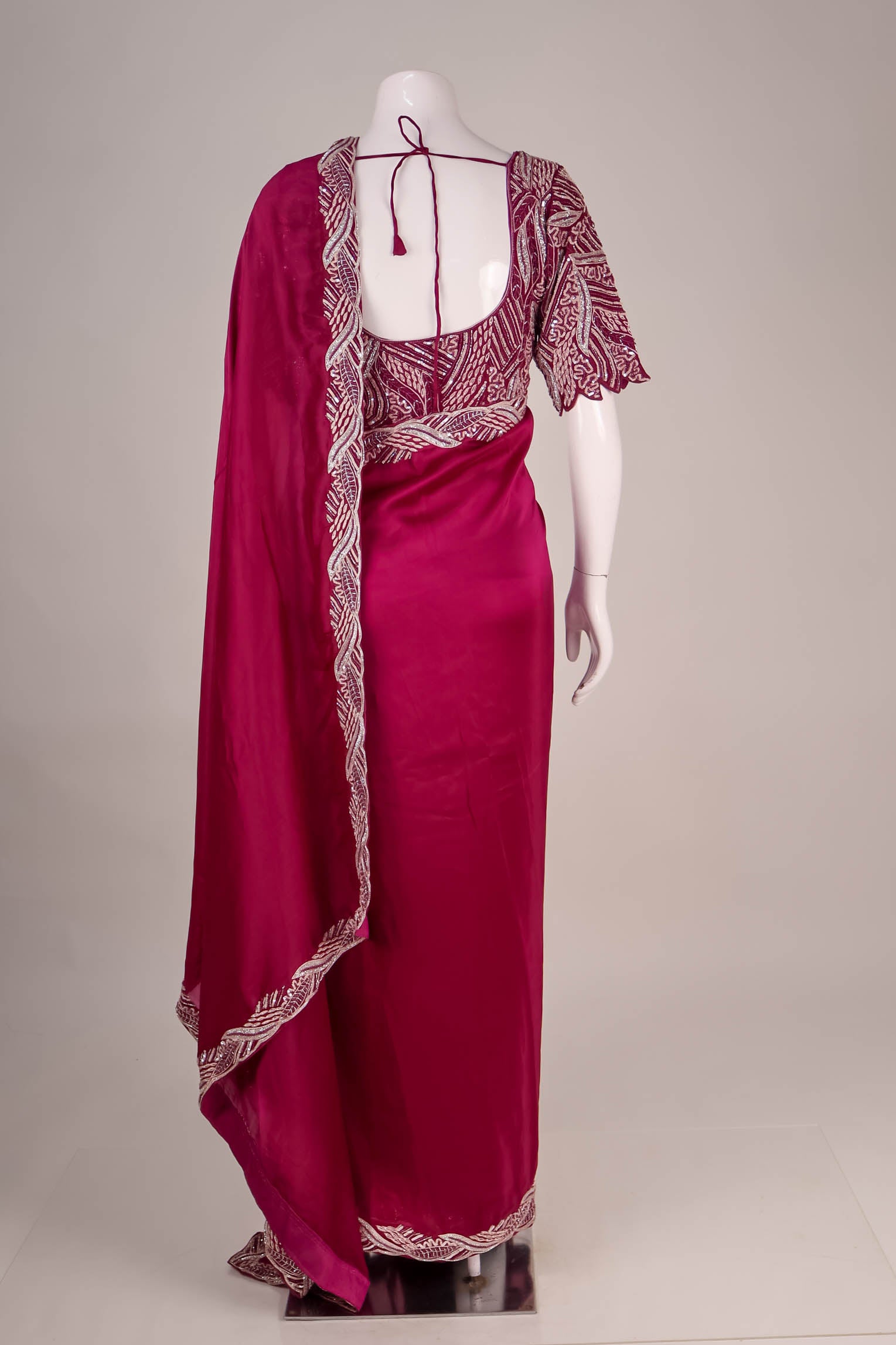 Wine Silk Saree with Abstract Metallic Embroidery