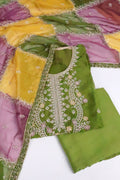 Mehendi Green Embroidered Salwar Suit Set with Patchwork Organza Dupatta
