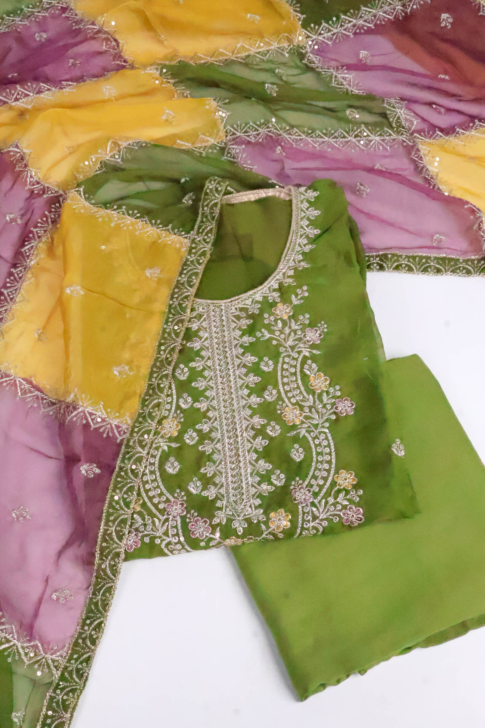 Mehendi Green Embroidered Salwar Suit Set with Patchwork Organza Dupatta
