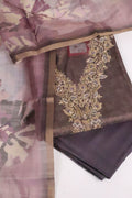 Earthy Charcoal Mauve Embroidered Salwar Suit Set with Floral Organza Dupatta