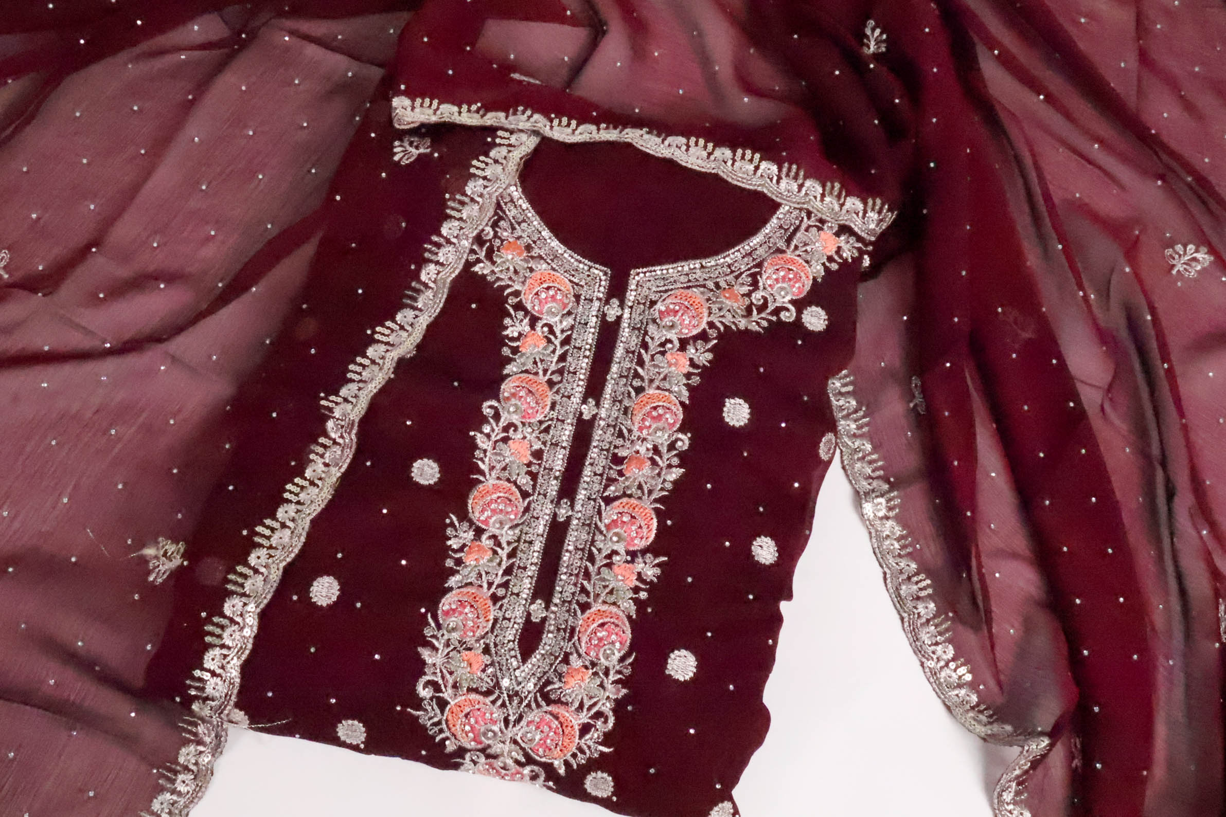 Deep Wine Burgundy Embroidered Salwar Suit Set with Sequinned Dupatta