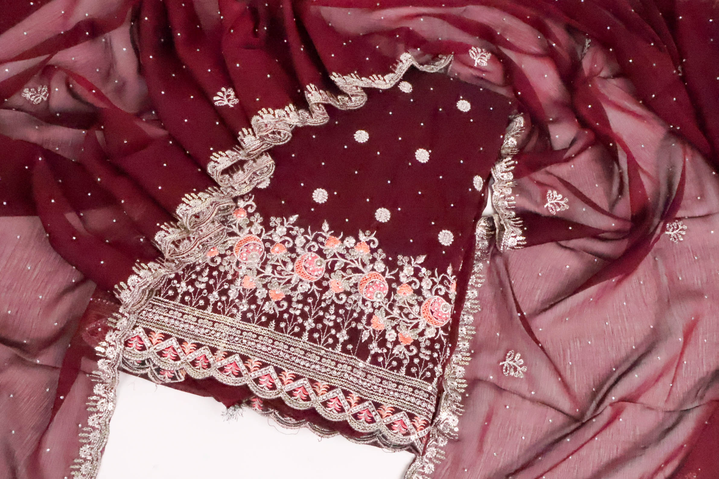 Deep Wine Burgundy Embroidered Salwar Suit Set with Sequinned Dupatta