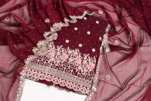 Deep Wine Burgundy Embroidered Salwar Suit Set with Sequinned Dupatta