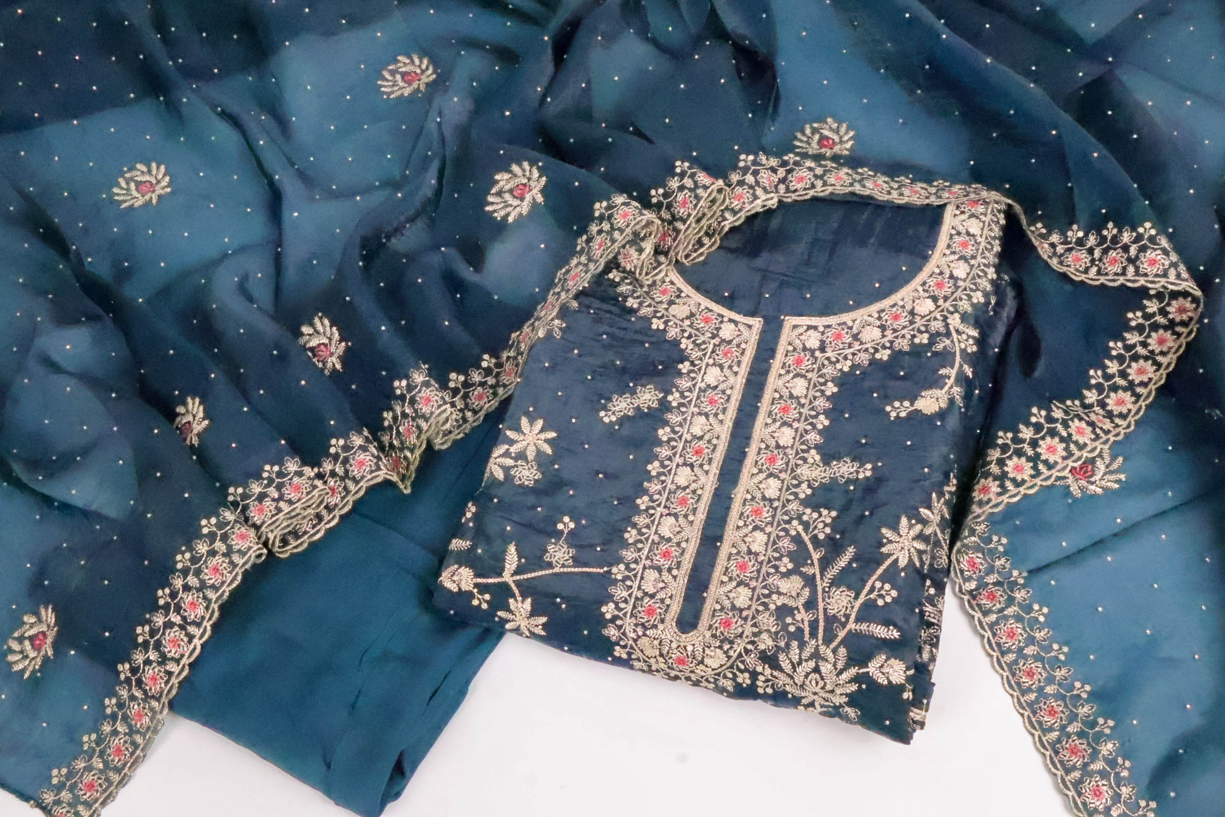 Embroidered Salwar Suit Set with Scalloped Organza Dupatta