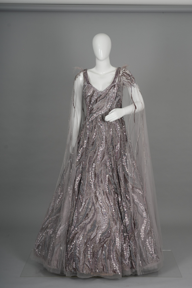Ethereal Mauve-Grey Embellished Gown with Drape Sleeves