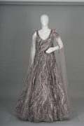 Ethereal Mauve-Grey Embellished Gown with Drape Sleeves