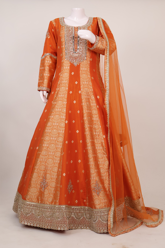 Dazzling Orange Brocade Gown with Dupatta