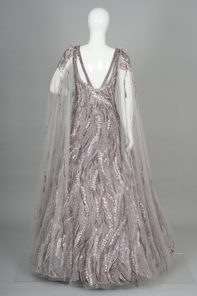 Ethereal Mauve-Grey Embellished Gown with Drape Sleeves