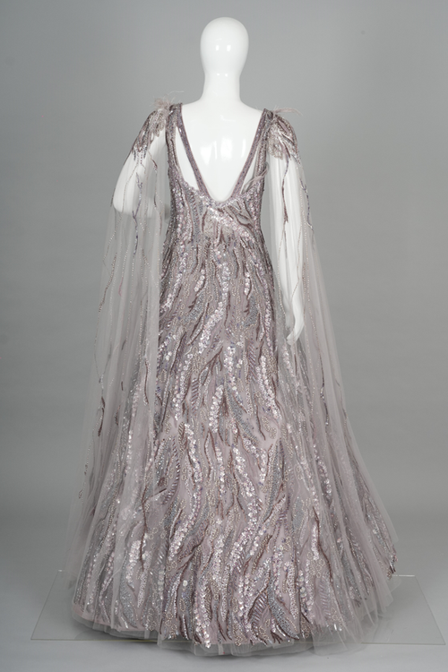 Ethereal Mauve-Grey Embellished Gown with Drape Sleeves