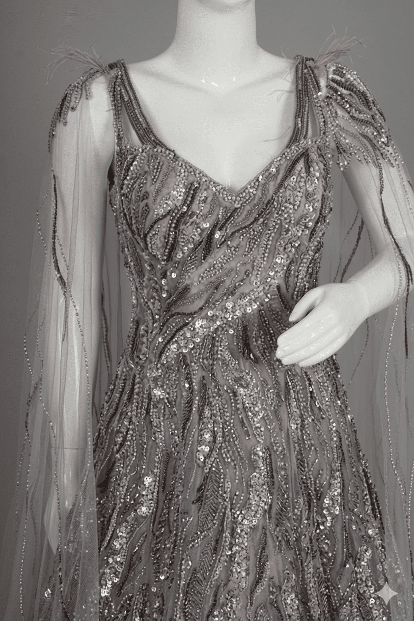 Ethereal Mauve-Grey Embellished Gown with Drape Sleeves