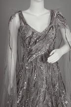 Ethereal Mauve-Grey Embellished Gown with Drape Sleeves