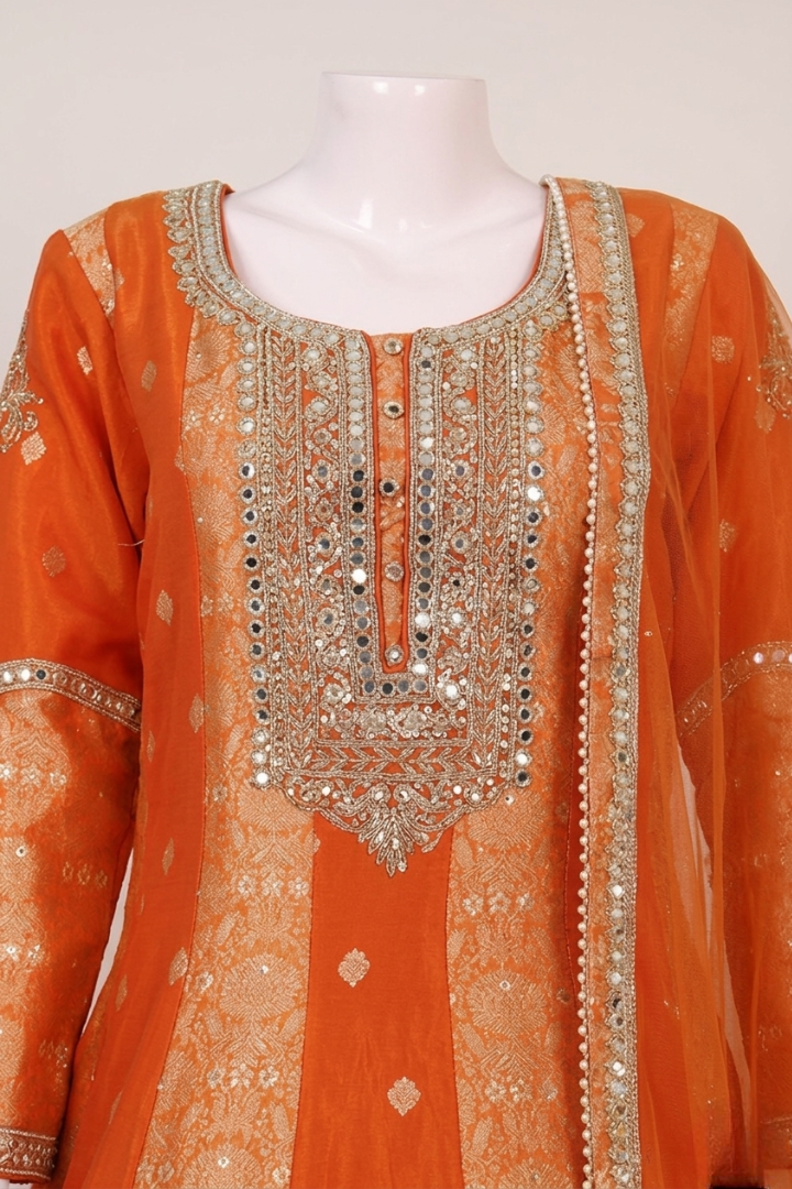 Dazzling Orange Brocade Gown with Dupatta